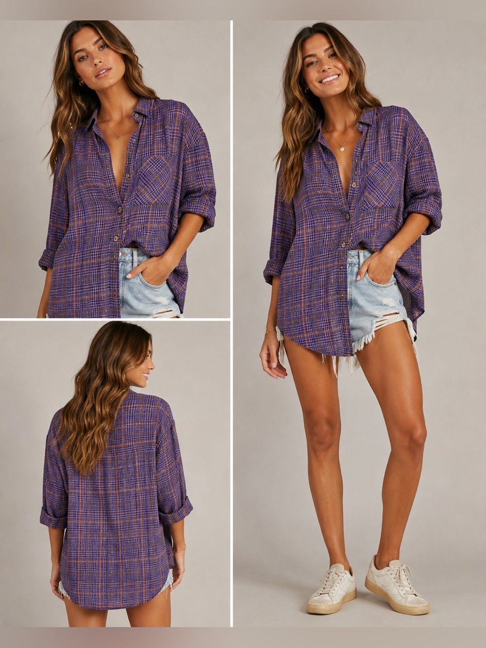Free People Purple & Gold Long Button Down Top XS‎
